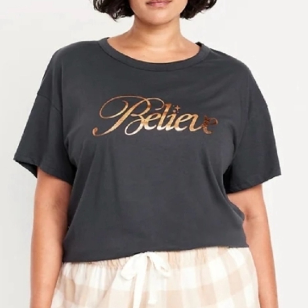 Holiday Graphic Believe T-shirt Black Copper Metalic NWT 2XL